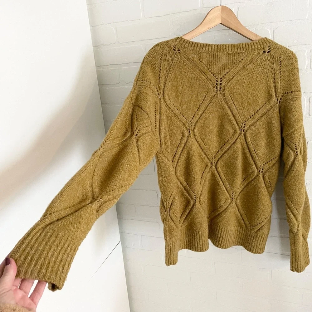 Anthropologie X ICHI Diamond Cable Knit Sweater Chunky Oversized Mustard Sz M - Picture 10 of 14